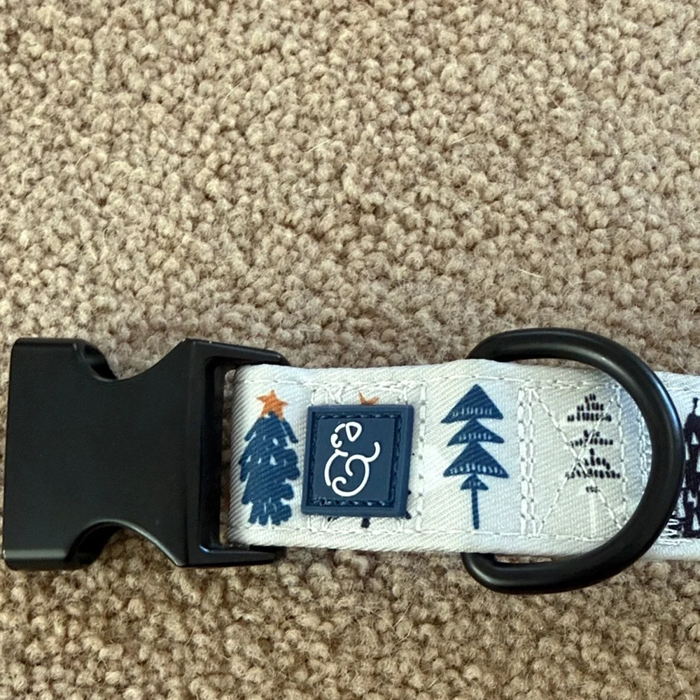 Lucy & Co. Holiday Tree Dog Collar - Gray blue with Multi-Color Trees